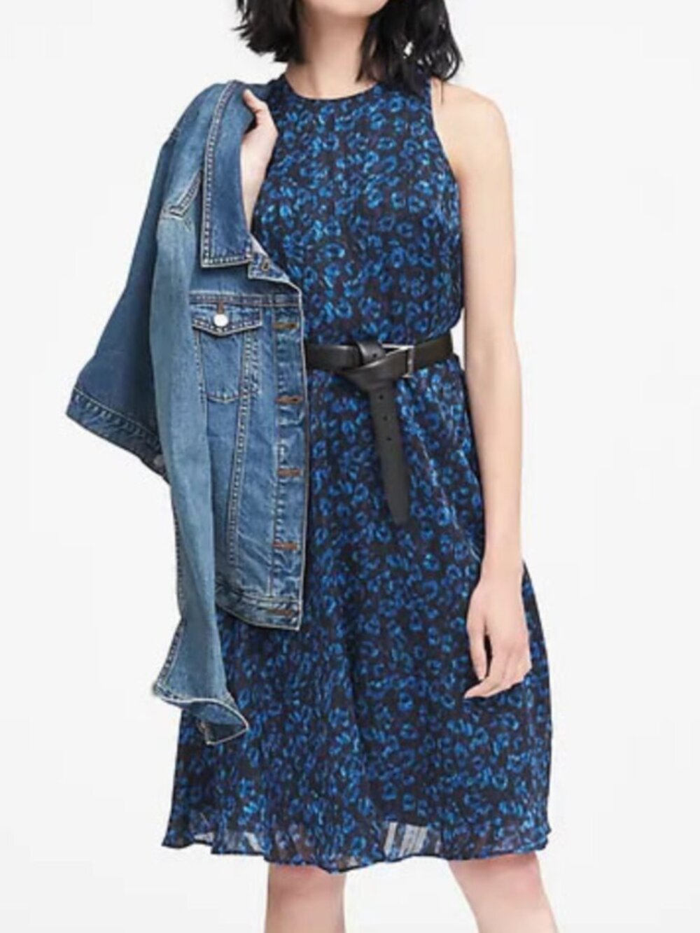 BANANA REPUBLIC Leopard Print Racer-Neck Fit Flare Dress Navy Blue Cheetah Midi